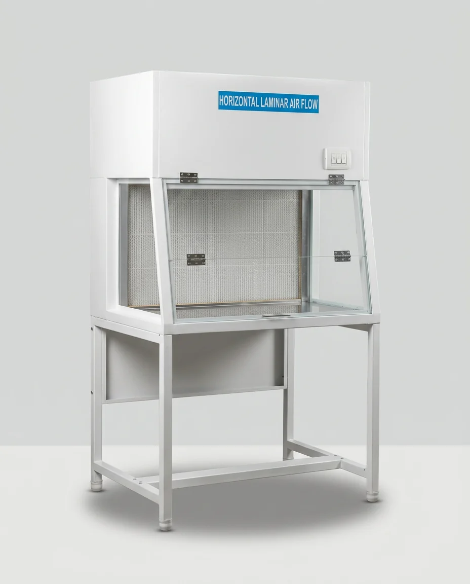 White powder-coated horizontal laminar air flow cabinet on a tubular stand, front sash raised over the HEPA filter face